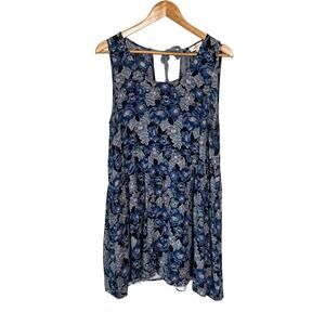 Entro Blue Floral Mini Dress L Festival Boho Tie Back Lined Rayon Pockets Summer